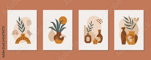 Modern abstract aesthetic set with pot, vase, balance shapes, stairs and plants. Wall decor in boho style. Mid century vector print for cover, wallpaper, card, social media, interior decor 