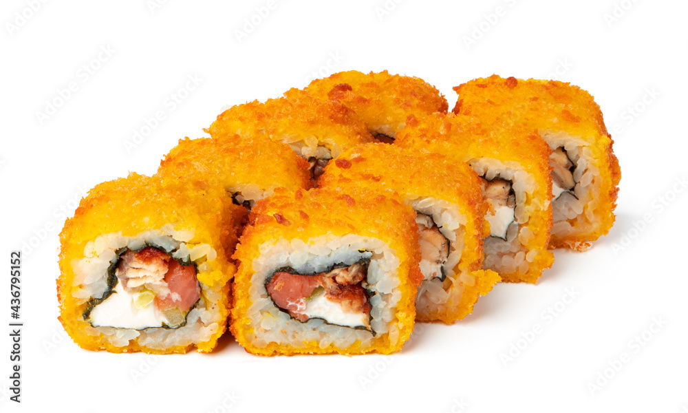 Cooked sushi roll isolated on white background Cooked sushi roll isolated on white background