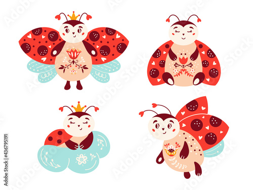Cute cartoon ladybug vector set Ladybird Red bug