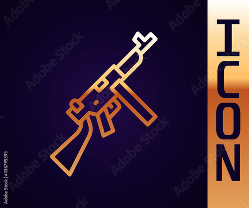 Gold line Thompson tommy submachine gun icon isolated on black background. American submachine gun. Vector