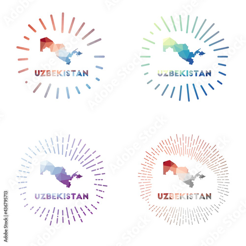 Uzbekistan low poly sunburst set. Logo of country in geometric polygonal style. Vector illustration.