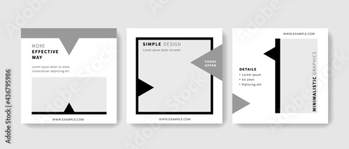 Clean editable social media set layouts with place for photos, elegant triangle contrast elements design with minimalistic style, square business graphic templates for instagram and facebook