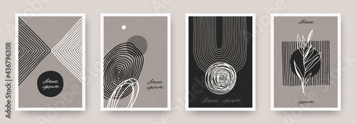 Set of wall art minimal poster. Scandinavian style hand drawn wall art decor. Design with abstract shape, lines and plant. Can be used for cover, print, poster, wall decoration. Vector illustration.