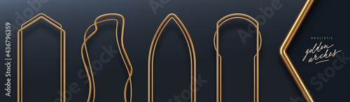 Set of realistic golden metal arches. 3d golden architectural elements. Modern decoration. Minimal decorative shapes. Vector illustration.