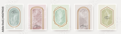 Set of abstract modern poster. Realistic golden frames and arches with watercolor and botanical hand drawn elements. Elegant luxury design for poster, flyer, cover, postcard. Vector illustration.