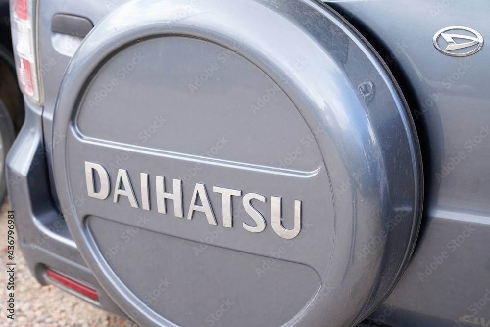 Daihatsu Terios gray logo sign and text brand on rear spare wheel of suv Japanese Stock Photo