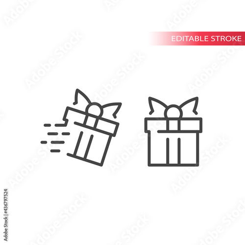Gift box with speed marks line vector icon. Fast delivery symbol, editable stroke.