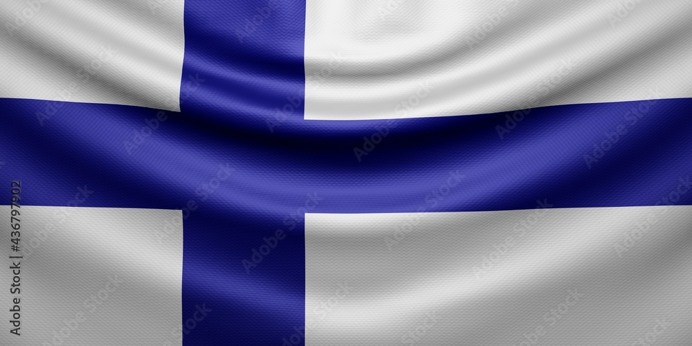 Hanging wavy national flag of Finland with texture. 3d render. Hanging wavy national flag of Finland with texture. 3d render.