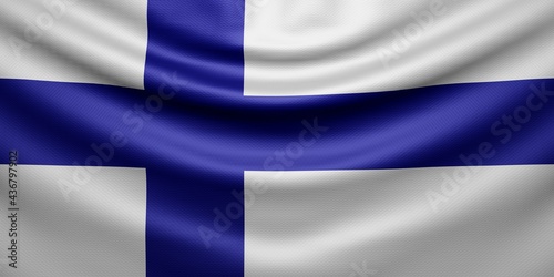 Hanging wavy national flag of Finland with texture. 3d render.