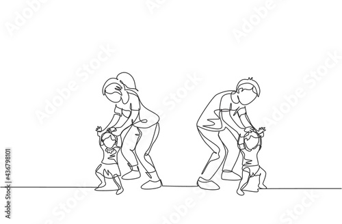 One single line drawing of young parents teaching their twin kids to walk at home vector illustration. Happy family parenting concept. Modern continuous line draw design