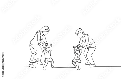 One single line drawing of young parents teaching their twin kids to walk at home vector illustration. Happy family parenting concept. Modern continuous line draw design