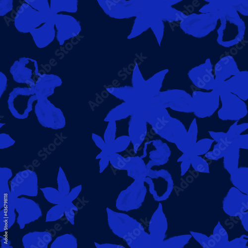 Watercolor tropical abstract floral seamless pattern of the exotic flowers and leaves on a blue background, trendy style and colors,  vector hand drawn styled,  textile composition, fashion runway