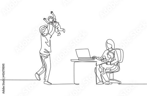 Single continuous line drawing of young mom work typing on laptop and dad playing with son at home. Happy family parenting concept. Trendy one line draw design vector illustration