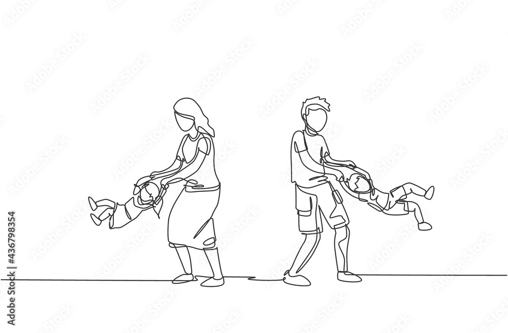 One continuous line drawing of young mom and dad playing with their son and daughter, swinging into the air at home. Happy family parenting concept. Dynamic single line draw design vector illustration