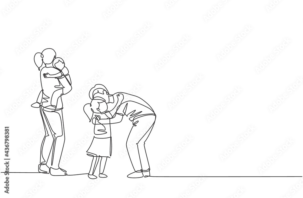 One continuous line drawing of young father hugging his daughter before go to the office while mother carrying son at home. Happy family parenting concept. Single line draw design vector illustration