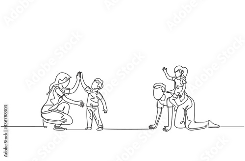 Single continuous line drawing of young mother and father playing with their children at home, giving high five. Happy family parenting concept. Trendy one line draw design vector illustration