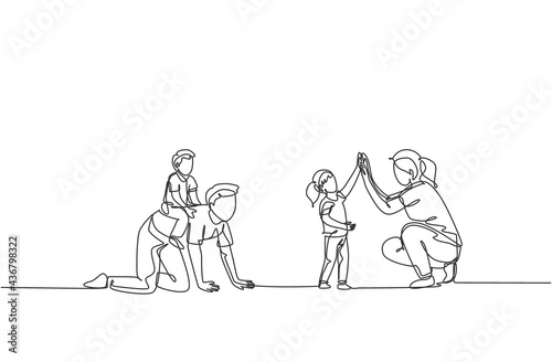 One continuous line drawing of young mother giving high five to daughter while son ride on dad's back at home. Happy family parenting concept. Dynamic single line draw design vector illustration