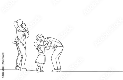 One continuous line drawing of young father hugging his daughter before go to the office while mother carrying son at home. Happy family parenting concept. Single line draw design vector illustration