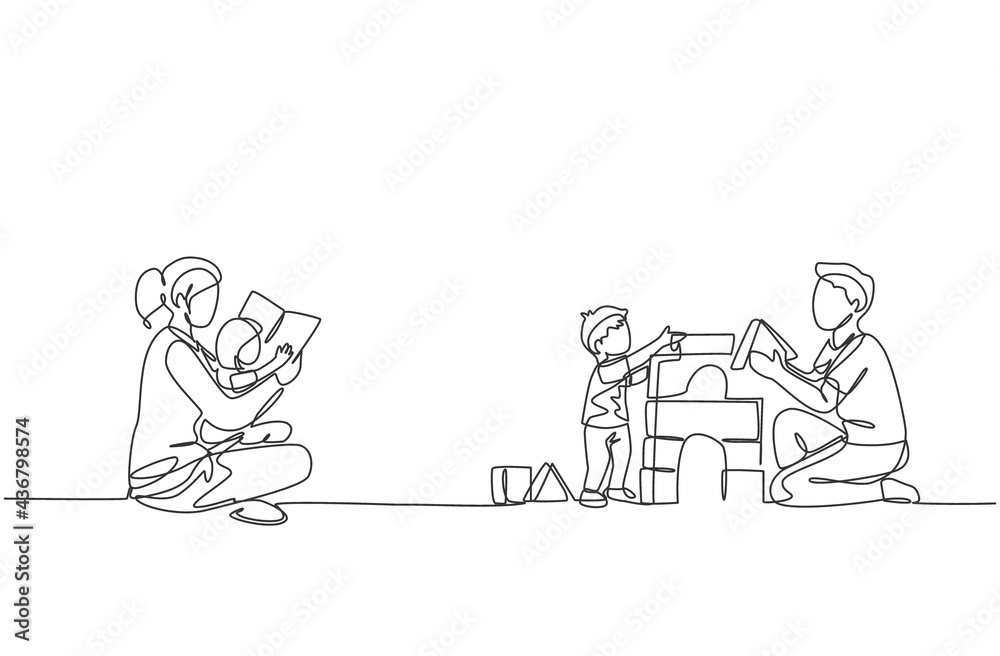 Single continuous line drawing of young mother reading book to daughter and father playing block puzzle house with son at home. Happy family parenting concept. One line draw design vector illustration Single continuous line drawing of young mother reading book to daughter and father playing block puzzle house with son at home. Happy family parenting concept. One line draw design vector illustration