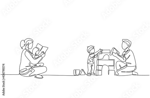 Single continuous line drawing of young mother reading book to daughter and father playing block puzzle house with son at home. Happy family parenting concept. One line draw design vector illustration