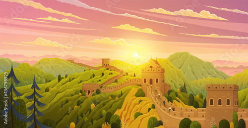 Great Wall of China vector illustration. Chinese famous landmark with watchtowers. Great wall under sunshine during sunset. Wall sections on green mountains for travel and tourism, flat style concept