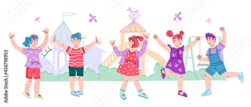 Kids summer banner with cute boys and girls at playground or amusement park. Backdrop for summer camp, kindergarten or park play area, cartoon vector illustration isolated on white background. © Anastasia