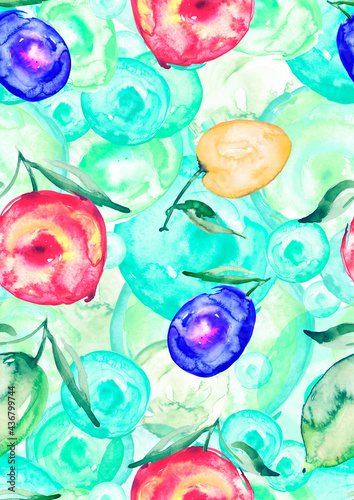 Vintage seamless pattern with watercolors - from tropical fruit, citrus spray, lemon, orange, lime, pear, mango fruit, paint splash. fashionable background.Plum, apple, cherry plum, peach background
