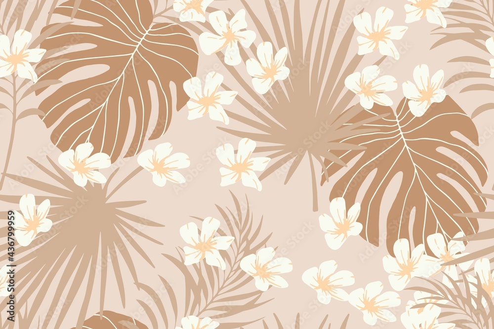 Modern exotic seamless pattern. Leopard fur, tropical leaves, hibiscus flowers. Palm foliage.