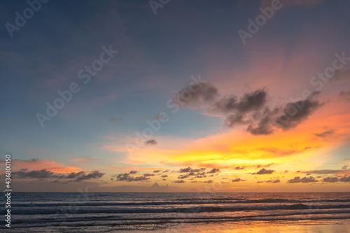 Majestic sunset or sunrise landscape Amazing light of nature cloudscape sky and Clouds moving away rolling .Beautiful Phuket beach is a famous tourist destination in Andaman sea summer.  © Narong Niemhom