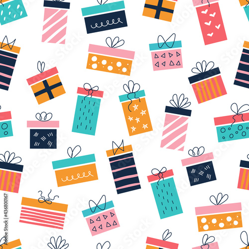 Bright colorful gift boxes on a white background with bows in the style of flat doodles. Vector seamless pattern. Children's room decor, posters, postcards, clothing and interior items