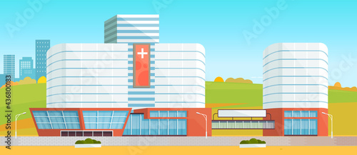 Modern hospital building, healthcare system and medical facility with all departments. Clinic with ambulance outside city. Healthcare and emergency concept. Urban medical clinic in nature landscape