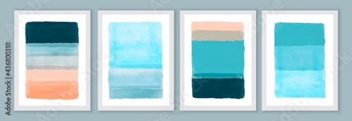 Abstract hand painted wall art posters, brochure, cover backgrounds. Blue and peach colors.