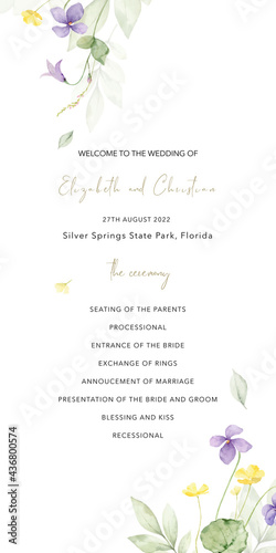 Watercolor hand painted wedding invitation card template.