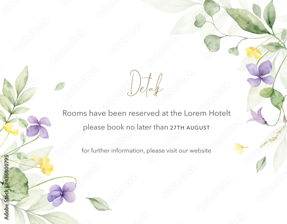 Watercolor hand painted wedding detals card template.