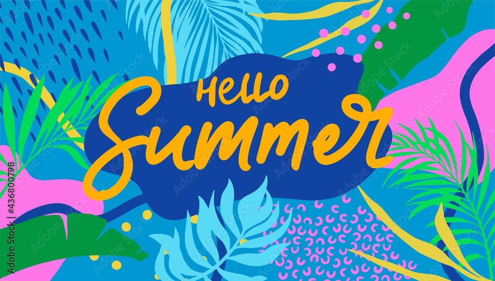Fototapeta Summer web banner. Colorful botanical elements, anstract shapes, lines. Tropical leaves.