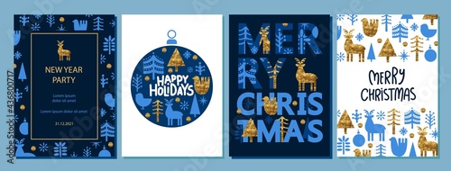 Merry Christmas, Happy New Year greeting ard design. Hand drawn snowflakes, deer, forest, Christmas tree