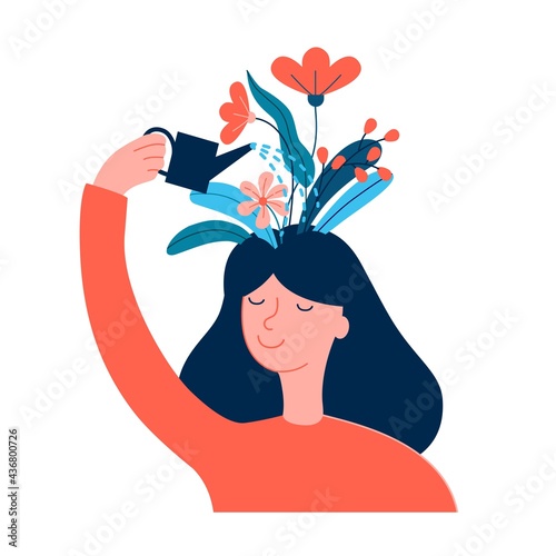 Happy woman, girl care of herself, creates good mood, happiness, self care, love, confidence, positive thinking,