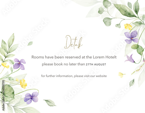 Watercolor hand painted wedding detals card template.