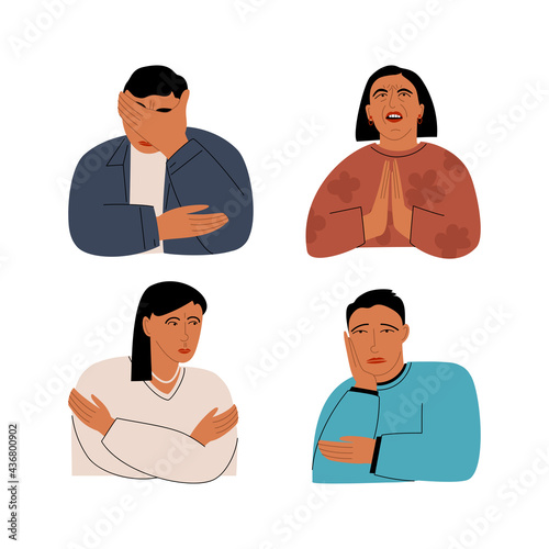 Set of sad people on white background. Vector flat illustration with portraits of saddened men and women.  Different upset faces 