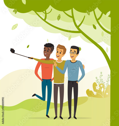 Group of male friends taking selfie photo with smartphone. Young people having fun and making selfie. Friendship and technology concept. Men with phone on monopod are posing for joint photo