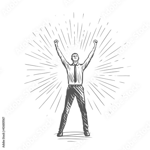 Successful businessman raised his hands up. Business success, professional achievements, career growth concept vector illustration
