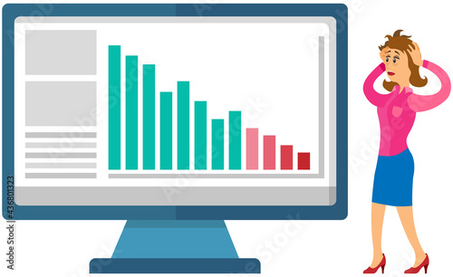 Busy businesswoman stressed due to excessive work with statistics. Female employee performs statistical calculations to deal with deadlines. Tired woman looking at monitor with diagrams and graphs