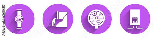 Set Water meter, Wastewater, Water meter and Gas boiler with a burning fire icon with long shadow. Vector