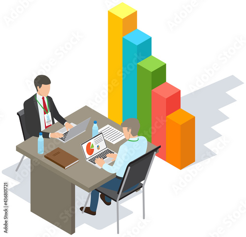 Visualize with business analytics. People work with statistical data analysis, changing indicators. Employees analyze statistical indicators, business data. Characters work with marketing research