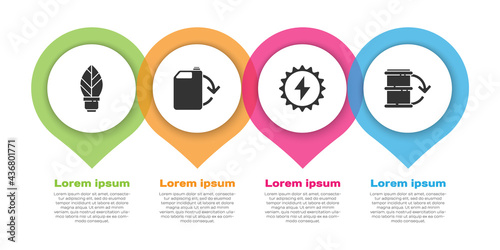 Set Light bulb with leaf, Eco fuel canister, Solar energy panel and Eco fuel barrel. Business infographic template. Vector