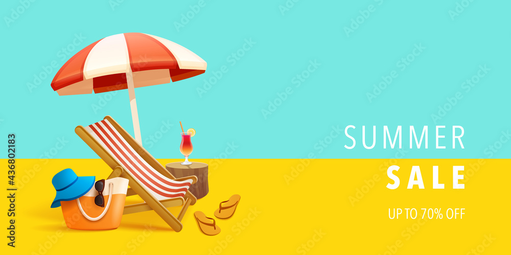 Summer sale beach holiday vacation. Beach chair, beach bag hat and flip-flop on background.