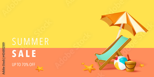 Summer sale beach holiday vacation. Beach chair, beach ball, sand bucket and spade on background.