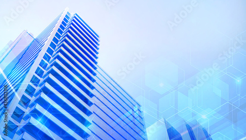 Abstract blur double exposure of technology market Trade and Blockchain with industry city district Background  currency market- 3d rendering
