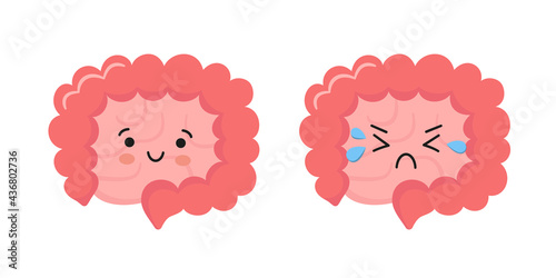 Happy and sad kawaii characters of intestine. Healthy smily and unhealthy cry gut characters. Abstract bowels. Vector illustration isolated on white background.