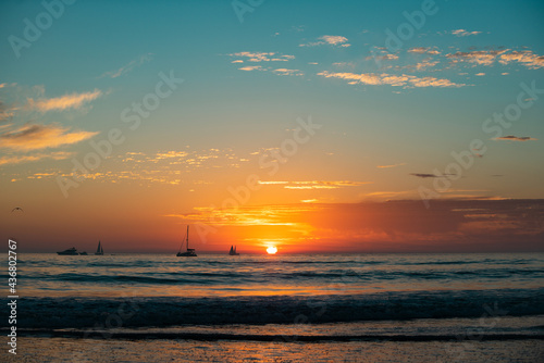 Sea beach with sunset sky abstract background. Copy space of summer vacation and travel concept.